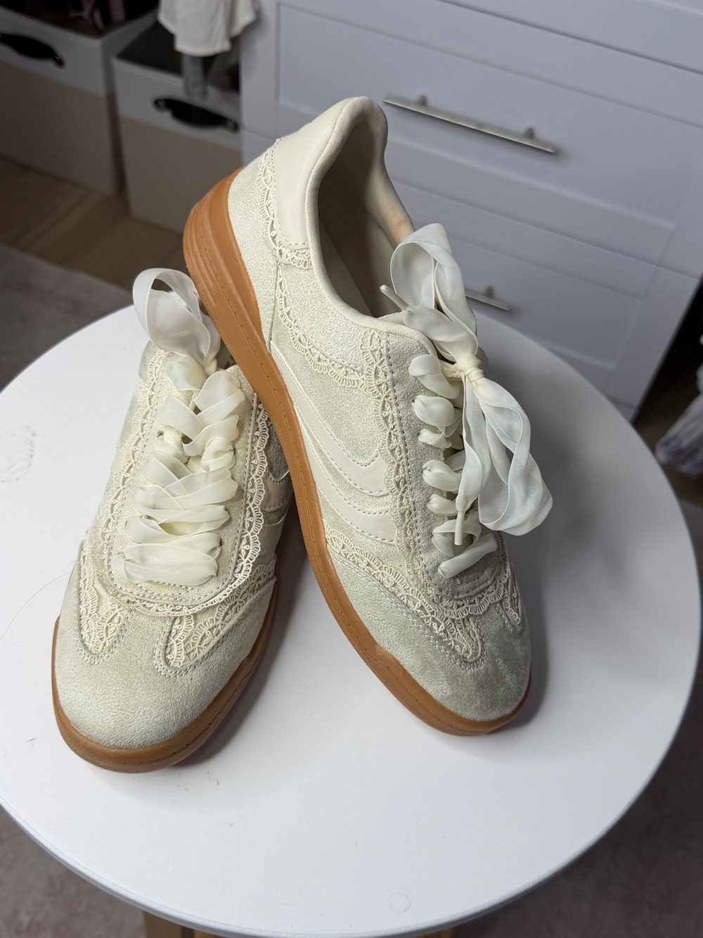 Madden NYC Women’s Cream Lace-Trim Sneakers with Gum Outsole